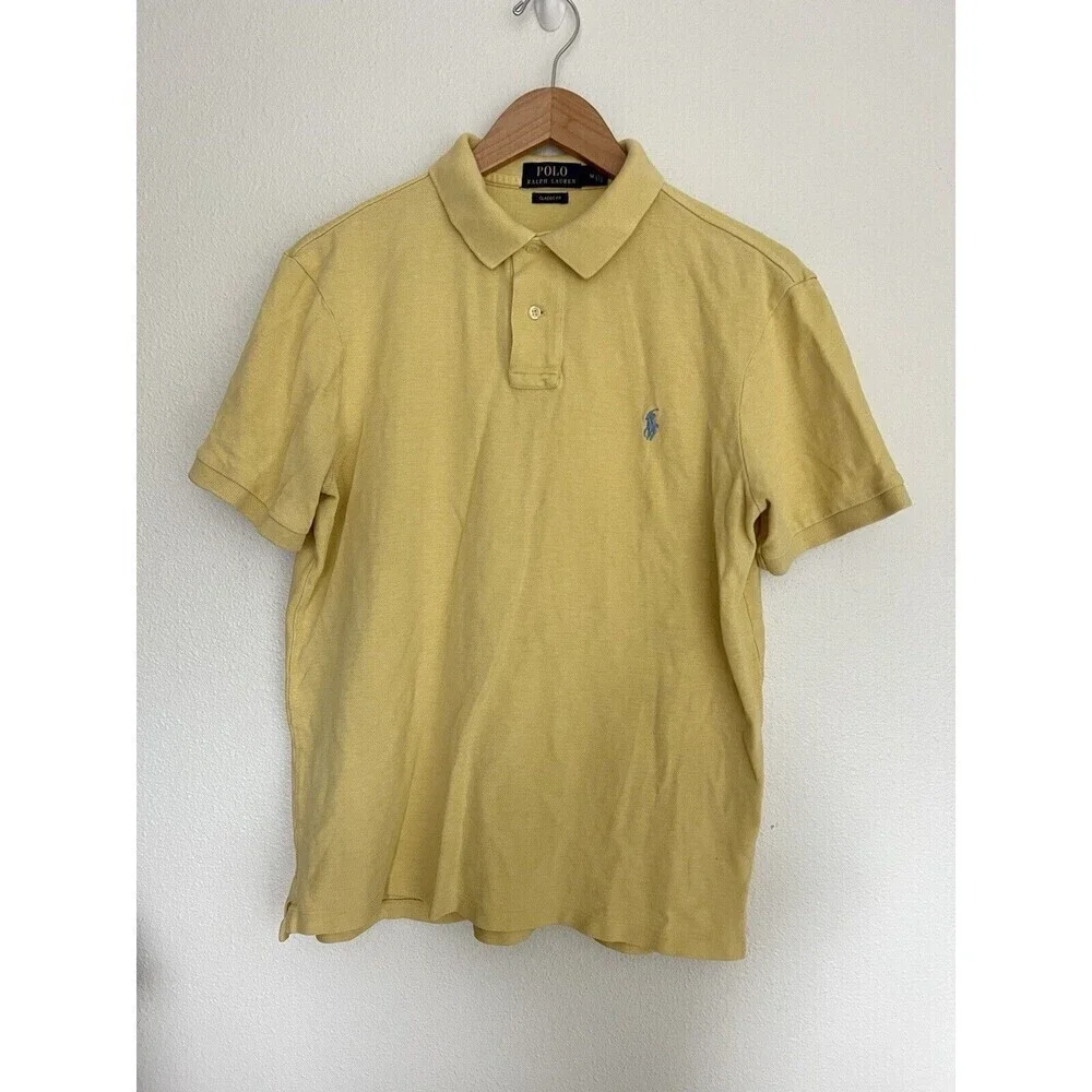 Ralph Lauren Men’s Yellow Classic Fit SS Mesh Polo Shirt Blue Pony Size Medium